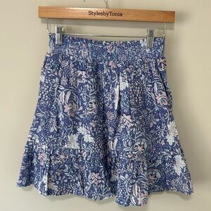 Evereve Sundry Floral Flounce Skirt Ruffle Chambray Blue Pink Sz 0 US XS NEW